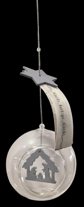 Glaskugel mit Holzanhänger "Heilige Familie"